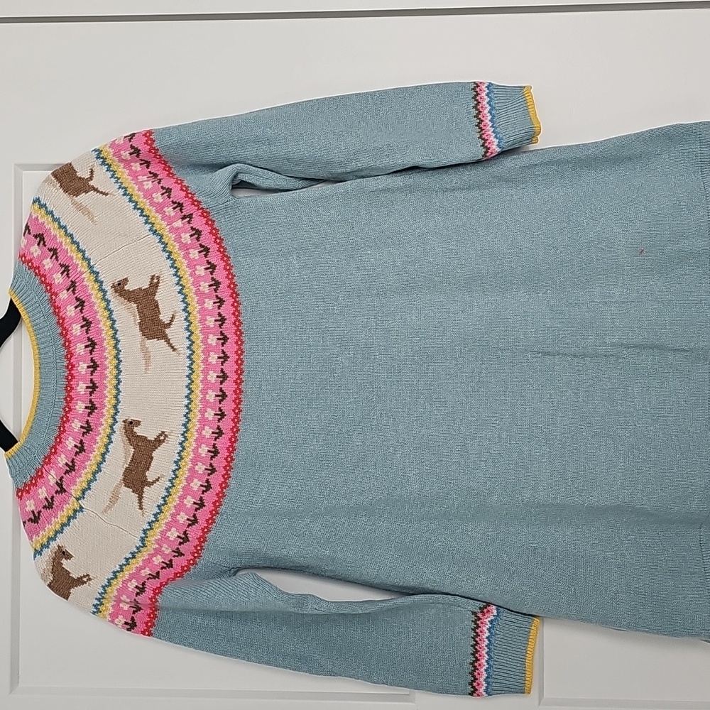 Mini Boden Light Blue Fair Isle Horse Yoke Dress with Pink and Cream Accents - Picture 2 of 3